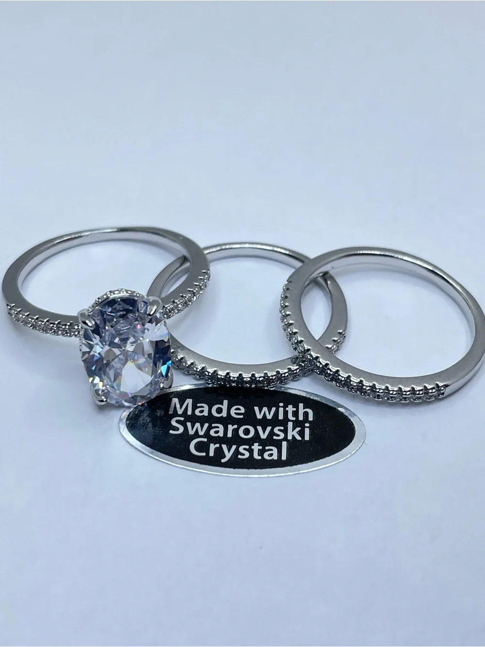 Swarovski Crystal Elements White Oval Cut Solitaire Ring 3 Band Set Sz 9